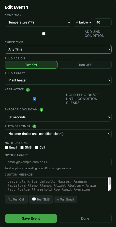 Event editor showing moisture condition, plug action, keep active and notification setup